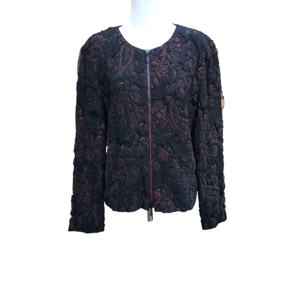 Joseph Ribkoff Jacket Black Red Metallic Rhinestone Floral Textured Full Zip 12